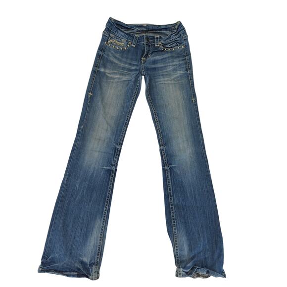 Cowgirl Tuff Bootcut Jeans 27 Tried True Bling Studs White Stitch Tall Stretch - Picture 1 of 9
